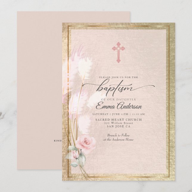 Pink Gold Pampas Grass  Floral BAPTISM Invitation (Front/Back)
