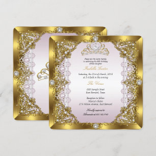 Pink Gold Pearl Lace Tiara Damask Birthday Party Invitation