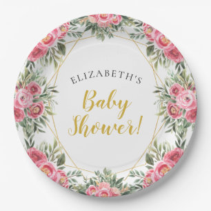 Pink Gold Peonies Baby Shower Paper Plate