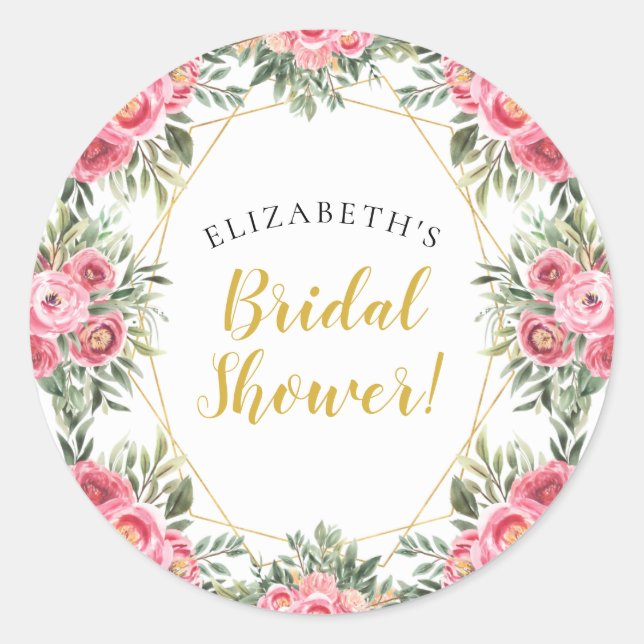 Pink Gold Peonies Bridal Shower Classic Round Sticker (Front)