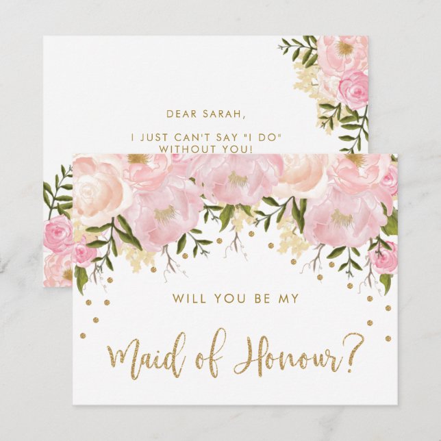 Pink Gold Peonies Chic Floral Be My Maid of Honour Invitation (Front/Back)