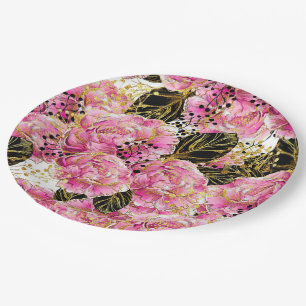 Pink gold peonies paper plate