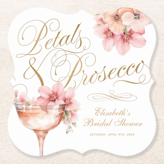 Pink Gold Petals and Prosecco Bridal Shower Paper Coaster (Front)