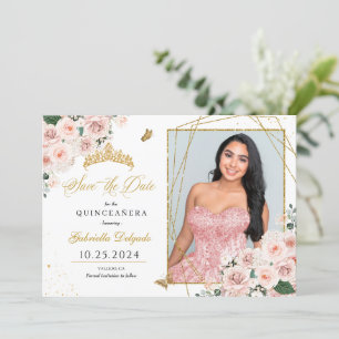 Pink & Gold Photo Card Quinceañera Save The Date