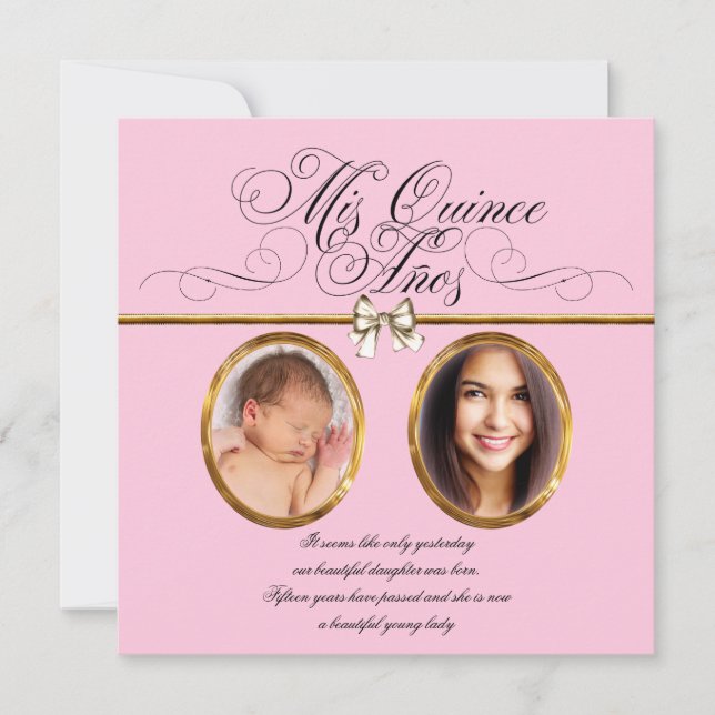 Pink Gold Photo Quinceanera Invitations (Front)