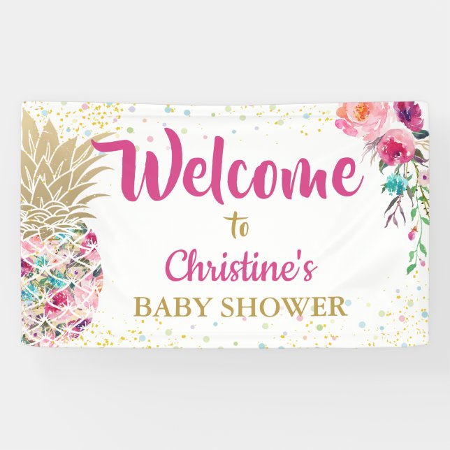 Pink Gold Pineapple Floral Baby Shower Banner (Horizontal)