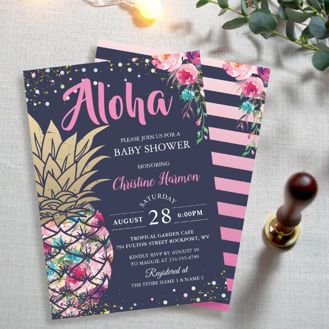 Pink Gold Pineapple Floral Navy Blue Baby Shower Invitation (Creator Uploaded)