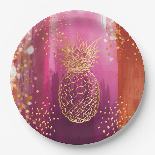 Pink Gold Pineapple Glitter Paper Plate (Front)