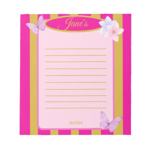 Pink & Gold Pinstripes Butterfly Floral  Notepad