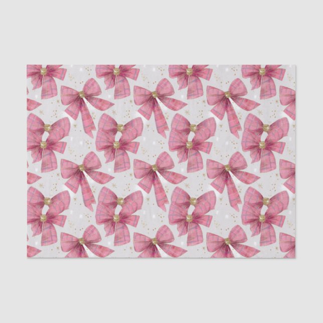 Pink Gold Plaid Bows Christmas Tissue Paper (Front)