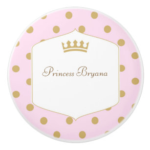 Pink & Gold Polka Dots Princess Crown Dresser Ceramic Knob