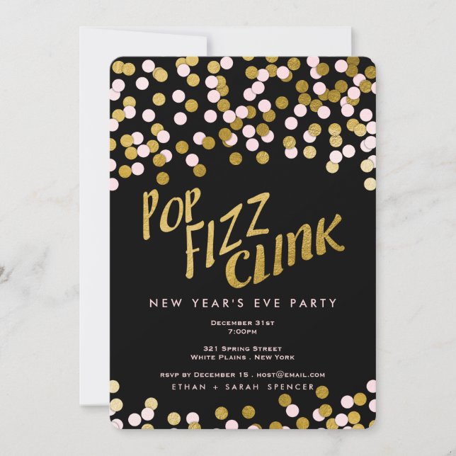 Pink | Gold Pop Fizz Clink New Year Celebration Invitation (Front)