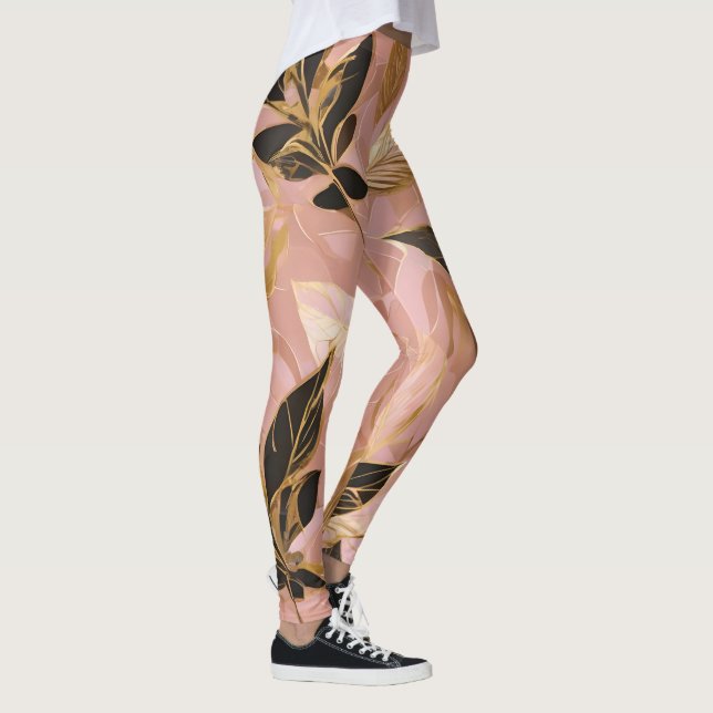 Pink Gold Popular Boho Leaves Collection Leggings (Right)