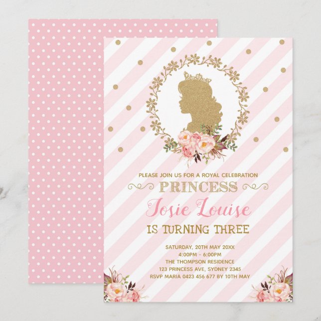 Pink Gold Princess Birthday Chic Floral Royal Invitation (Front/Back)