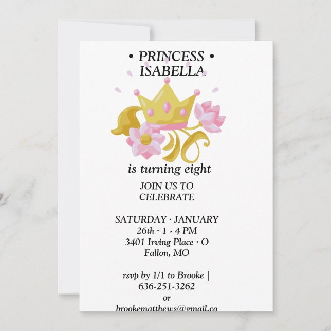 Pink & Gold princess birthday invitation (Front)