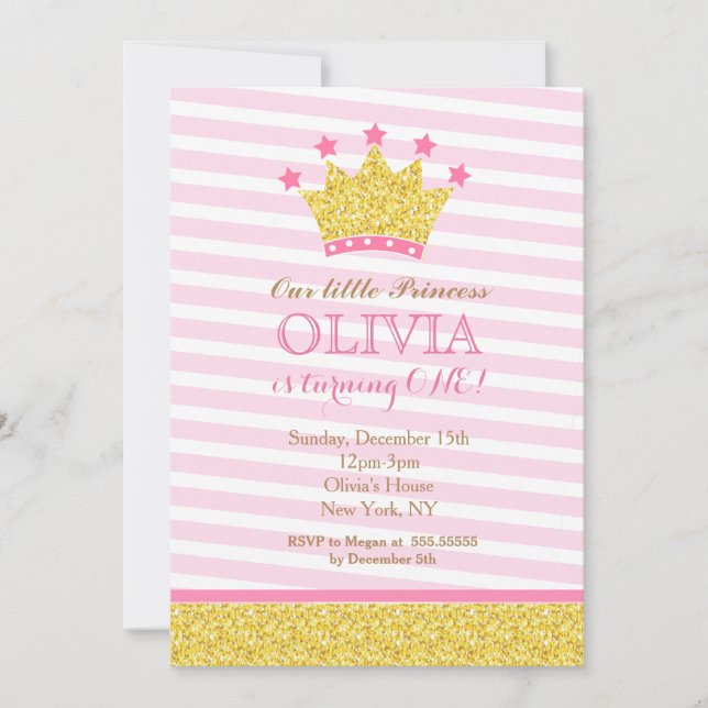 Pink Gold Princess Birthday Invitations (Front)