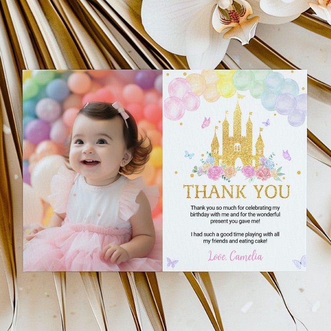 Pink Gold Princess Castle Birthday Thank You Card (Creator Uploaded)