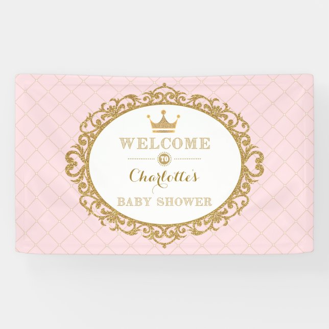 Pink Gold Princess Crown Baby Shower Welcome Banner (Horizontal)
