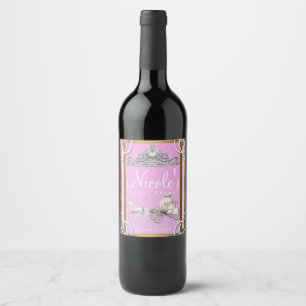 Pink Gold Princess Crown Carriage Fairy Tale Wine Wine Label