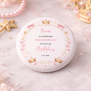 Pink Gold Princess Crown Fairytale 1st Birthday 1 Inch Round Button