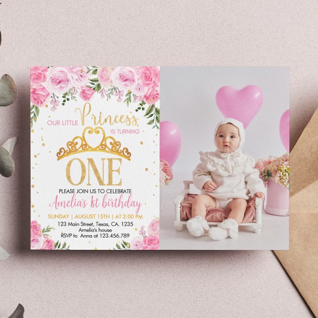 Pink Gold Princess Crown Invitation d'anniversaire (Créateur téléchargé)