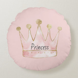 Pink Gold Princess Crown Round Pillow