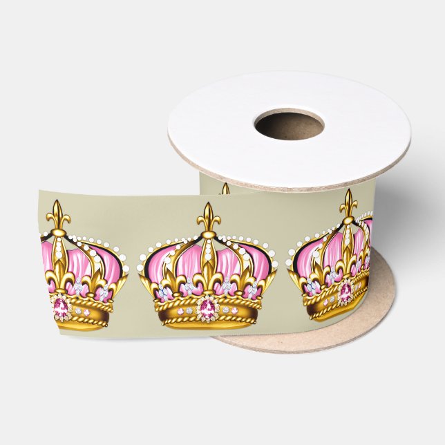 Pink Gold Princess Crown Satin Ribbon (Spool)