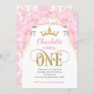 Pink Gold Princess Floral 1st Birthday Invitation