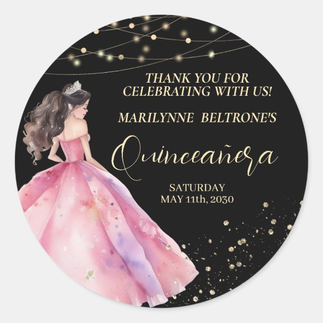 Pink Gold Princess Quinceañera Classic Round Sticker (Front)
