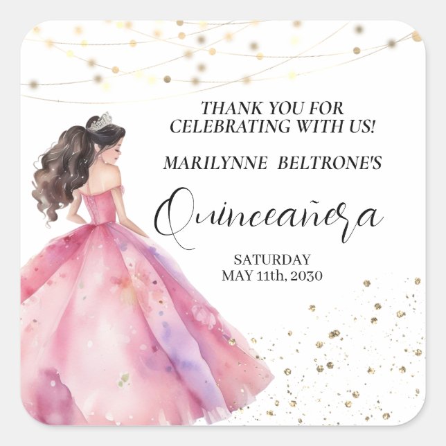 Pink Gold Princess Quinceañera Square Sticker (Front)