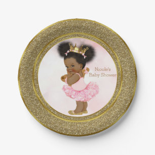 Pink Gold Princess Vintage Black Baby Girl Shower Paper Plate