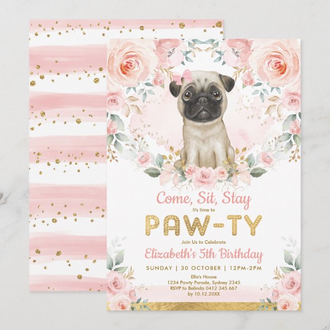Pink Gold Pug Girls Birthday Puppy Pet Dog Party Invitation (Front/Back)