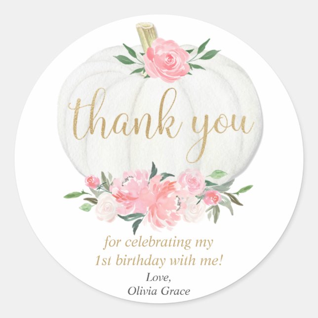 Pink gold pumpkin fall floral birthday party classic round sticker (Front)