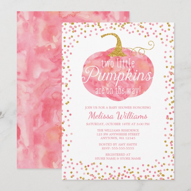 Pink Gold Pumpkin Fall Twin Girl Baby Shower Invitation (Front/Back)