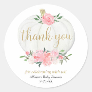 Pink gold pumpkin girl baby shower floral classic round sticker