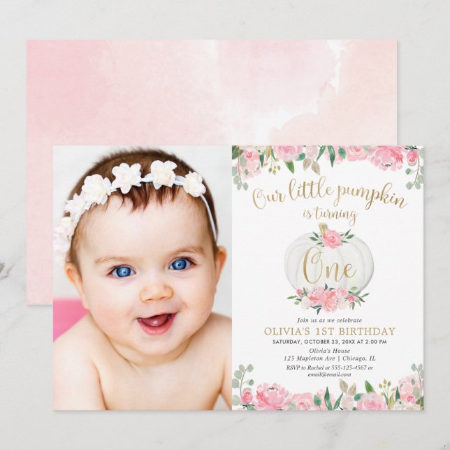 Pink gold pumpkin girl floral 1st birthday photo invitation (Front/Back)
