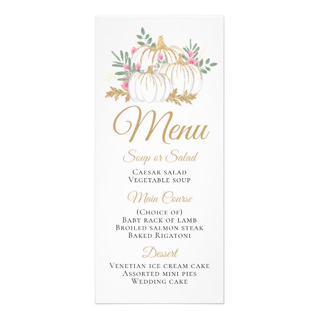 Pink Gold Pumpkin Thanksgiving Fall Wedding Menu (Front)