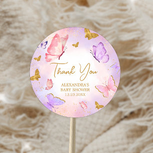 Pink Gold Purple Butterfly Baby Shower Classic Round Sticker