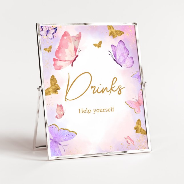 Pink Gold Purple Butterfly Baby Shower Drinks Poster (Boho Butterfly Baby Shower Drinks Sign)