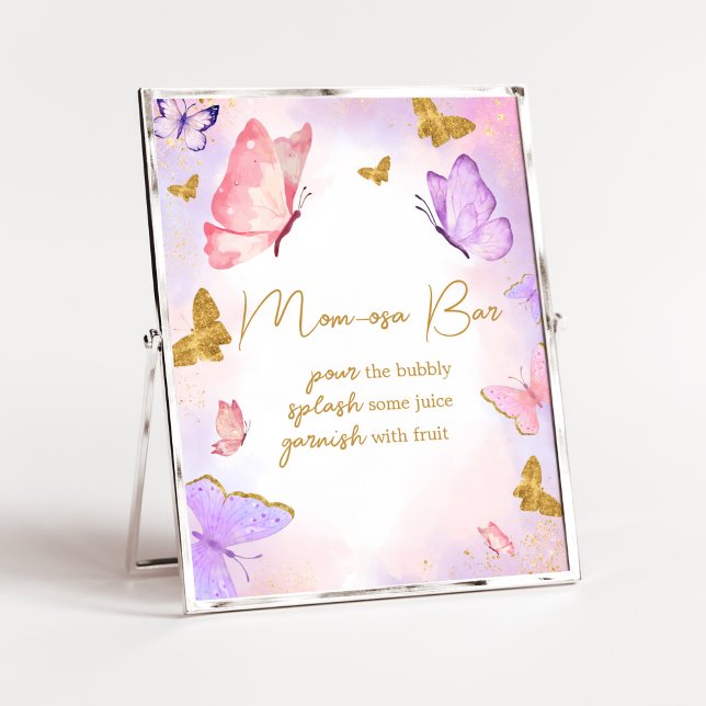 Pink Gold Purple Butterfly Baby Shower Mom Osa Bar Poster (Boho Butterfly Baby Shower Mom Osa Bar Sign)
