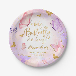 Pink Gold Purple Butterfly Baby Shower Paper Plate