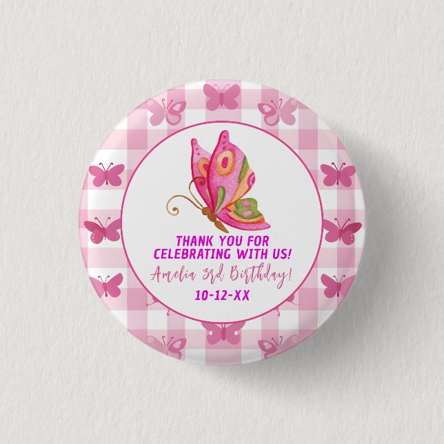Pink gold purple elegant butterfly girl birthday 1 inch round button (Front)