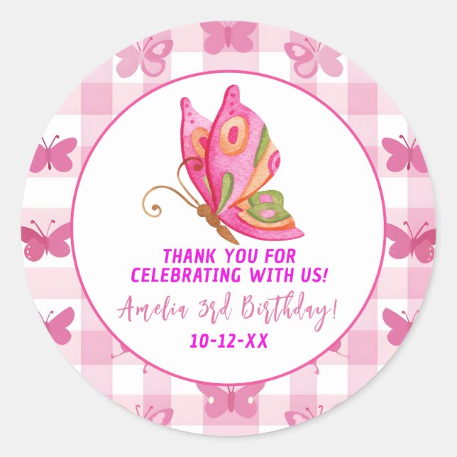 Pink gold purple elegant butterfly girl birthday classic round sticker (Front)