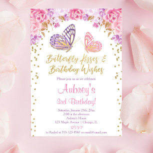 Pink gold purple elegant butterfly girl birthday invitation