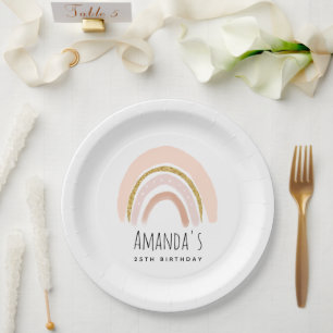 Pink & Gold Rainbow Elegant Boho Birthday Paper Plate