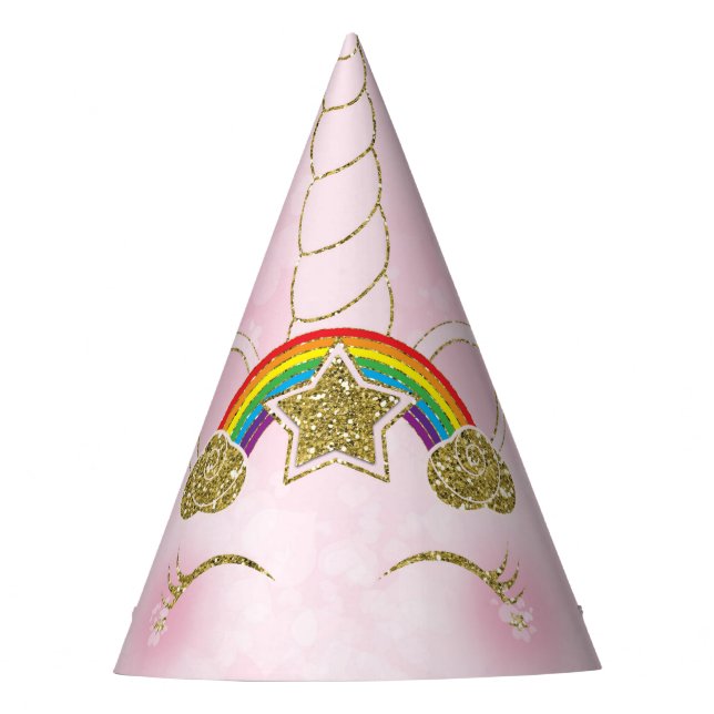 Pink & Gold Rainbow Star Unicorn Horn Face Party Hat (Front)
