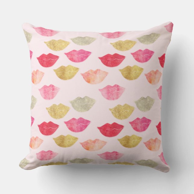 Pink Gold Red Watercolor Lips Throw Pillow (Front)