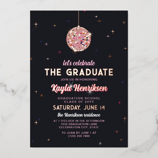 Pink Gold Retro Discoball Flares Graduation Party (Front)