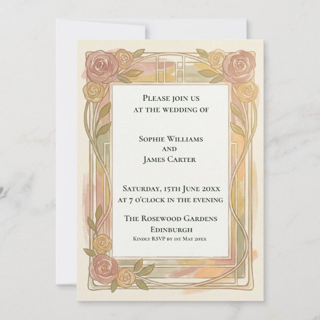 Pink Gold Rose Art Nouveau Wedding Invitation (Front)