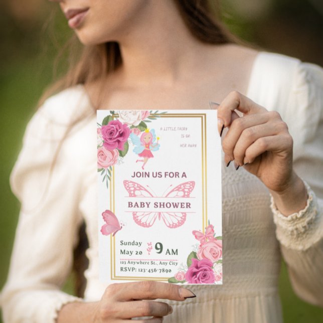 Pink Gold Rose Butterfly baby shower invitation (Creator Uploaded)